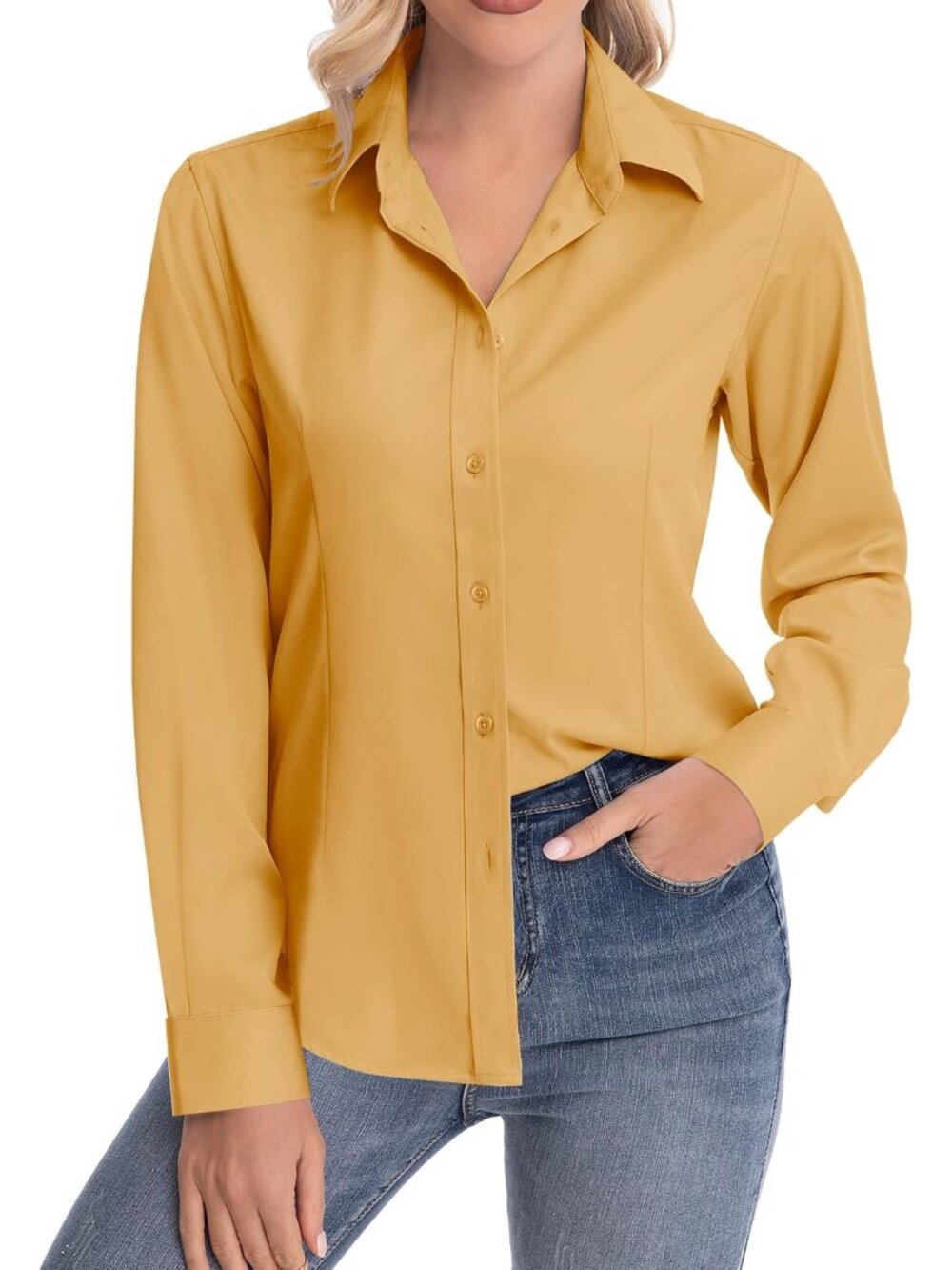 Womens Classic-Fit Dress Shirts Long Sleeve Button Down Wrinkle-Free Stretch Sol - Picture 2 of 8